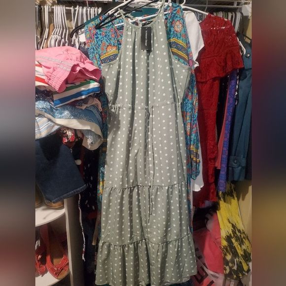 VICI Schkelier Green Polkadot High Neck Tiered Midi Dress Size Small - Picture 2 of 2